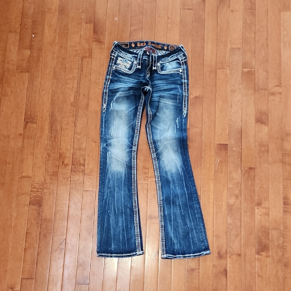 Rock Revival Blue Flare Wide Leg Jeans with Vintage Appeal